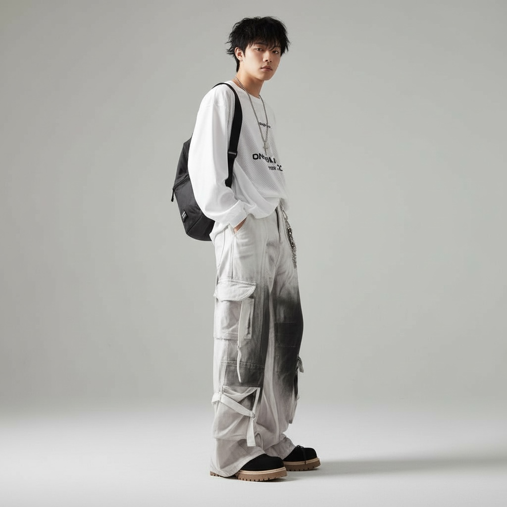 Men’s Contrast Baggy Multi-Pocket Jeans