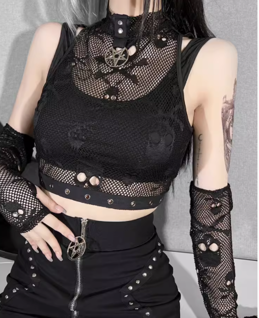 Gothic Two-Piece Lace See-Through Skull Vest