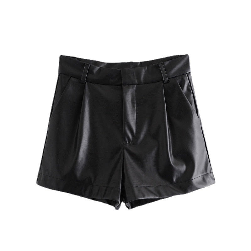 2021 Autumn New Black Y2K High-Waist Faux Leather Shorts