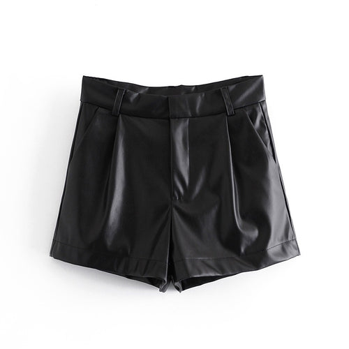 2021 Autumn New Black Y2K High-Waist Faux Leather Shorts