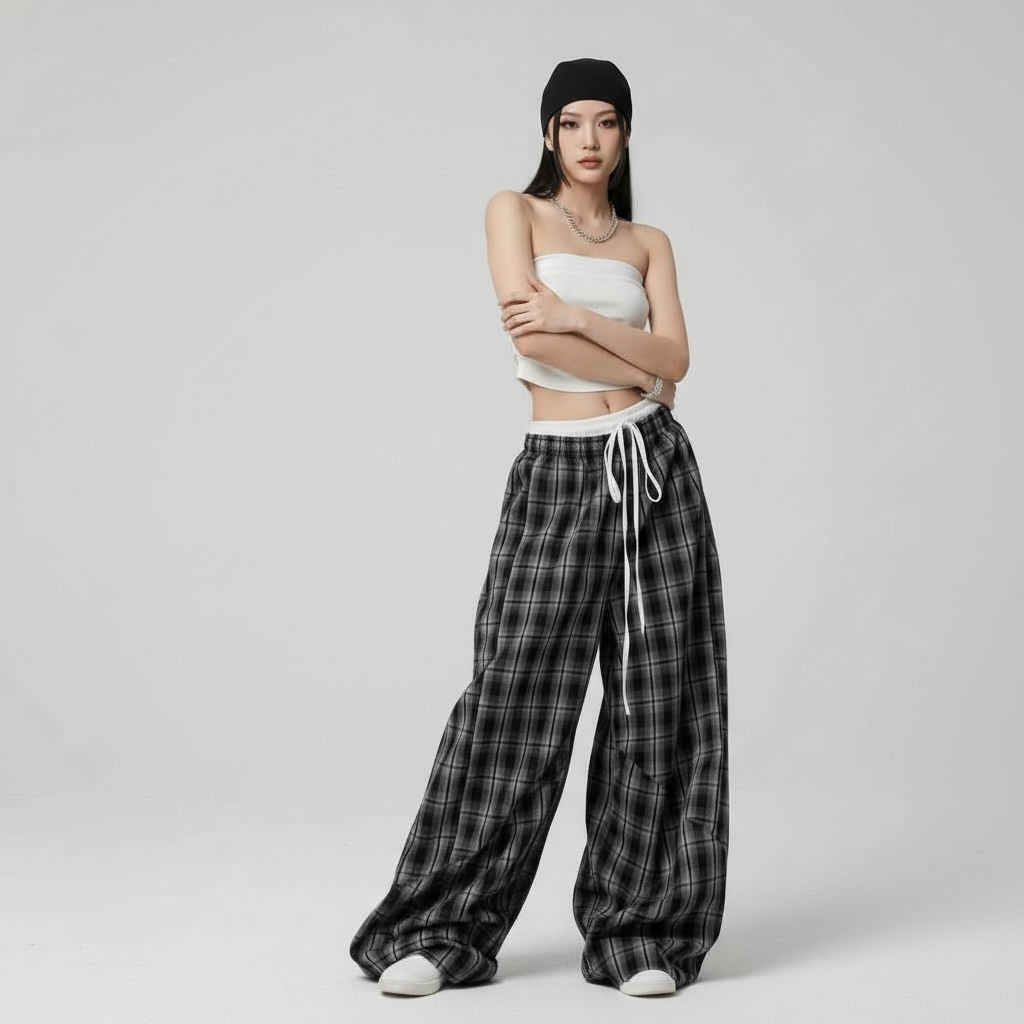 Loose Wide-Leg Plaid Pants