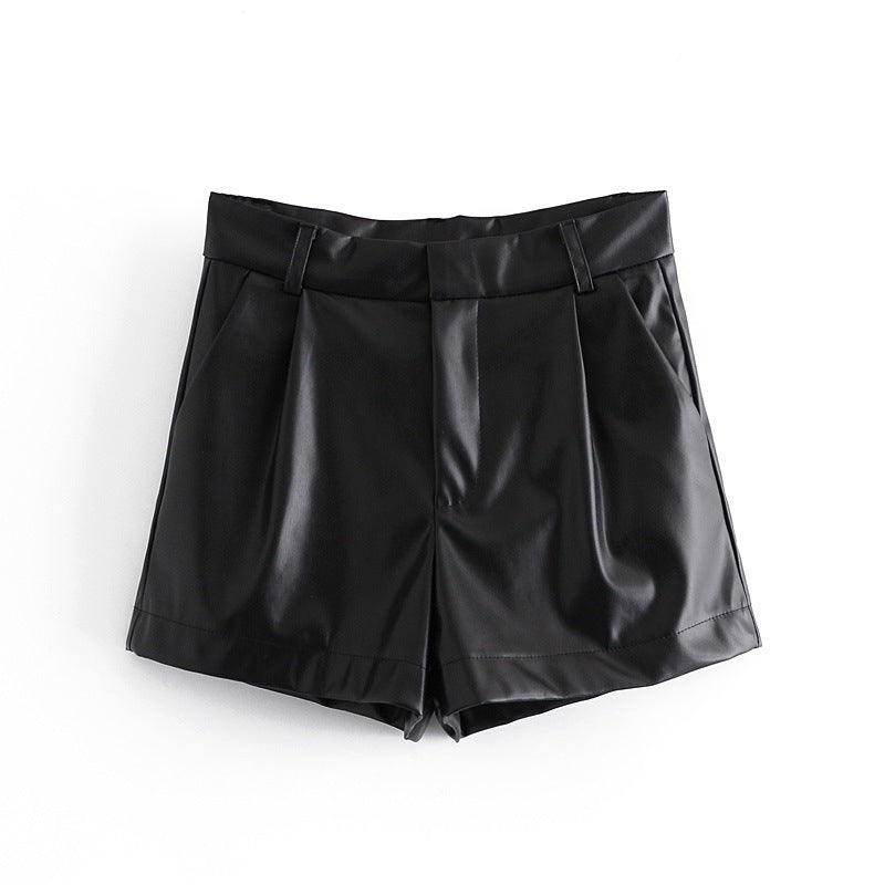 2021 Autumn New Black Y2K High-Waist Faux Leather Shorts