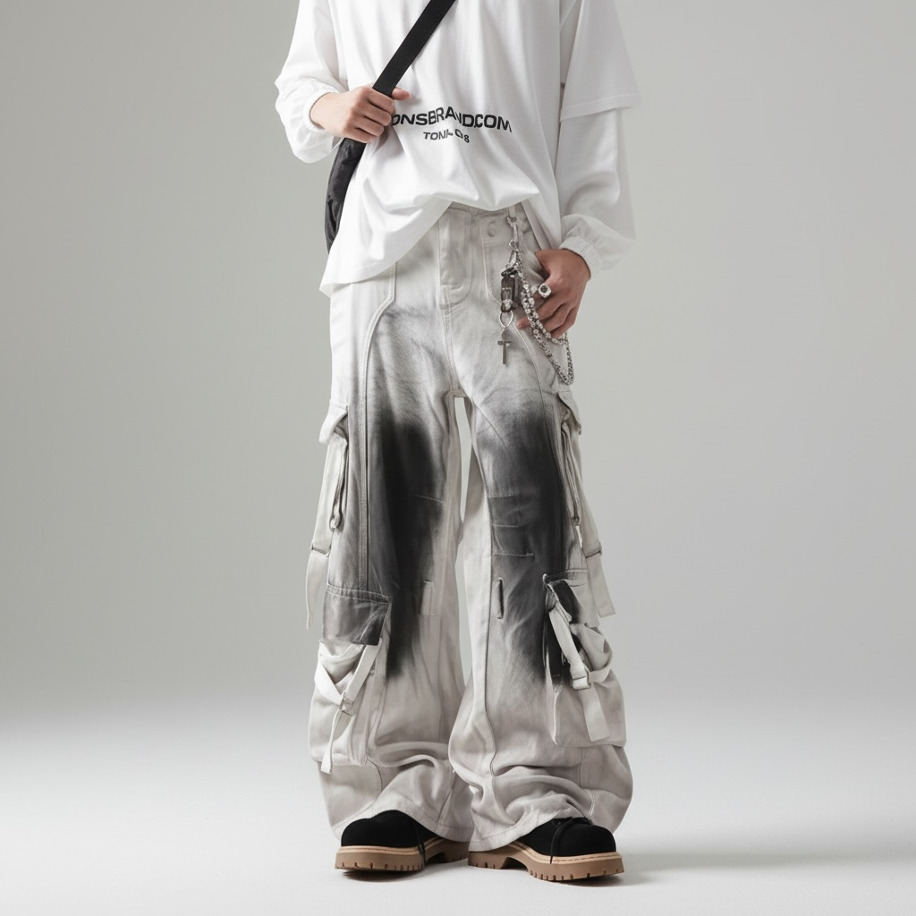 Men’s Contrast Baggy Multi-Pocket Jeans