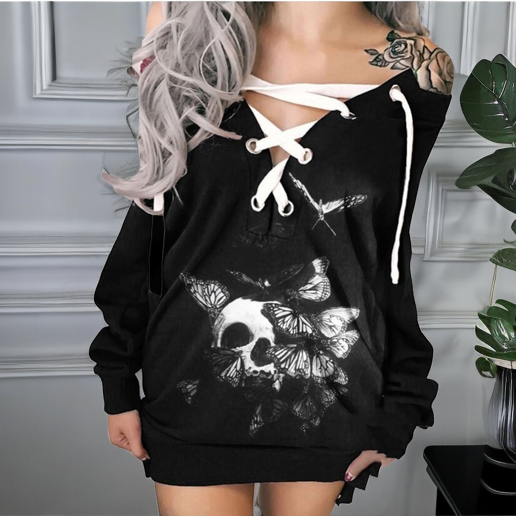Gothic Skull Print Tie Front Long Sleeve Sweatshirt