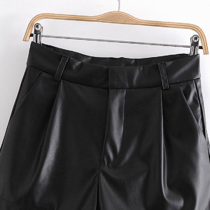 2021 Autumn New Black Y2K High-Waist Faux Leather Shorts