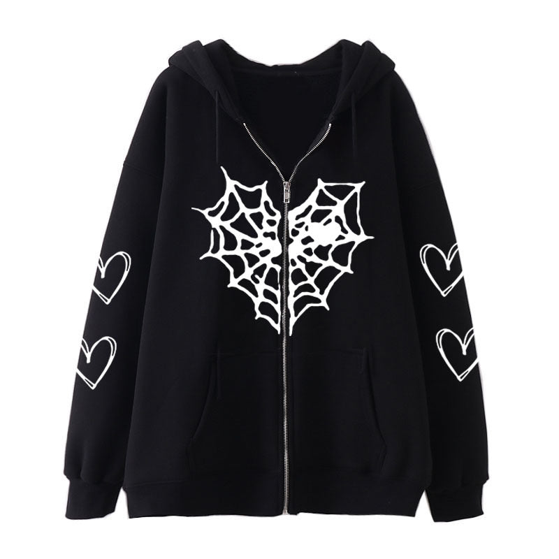 Gothic Heart-shaped Spider Web Women's Zipper Hoodie