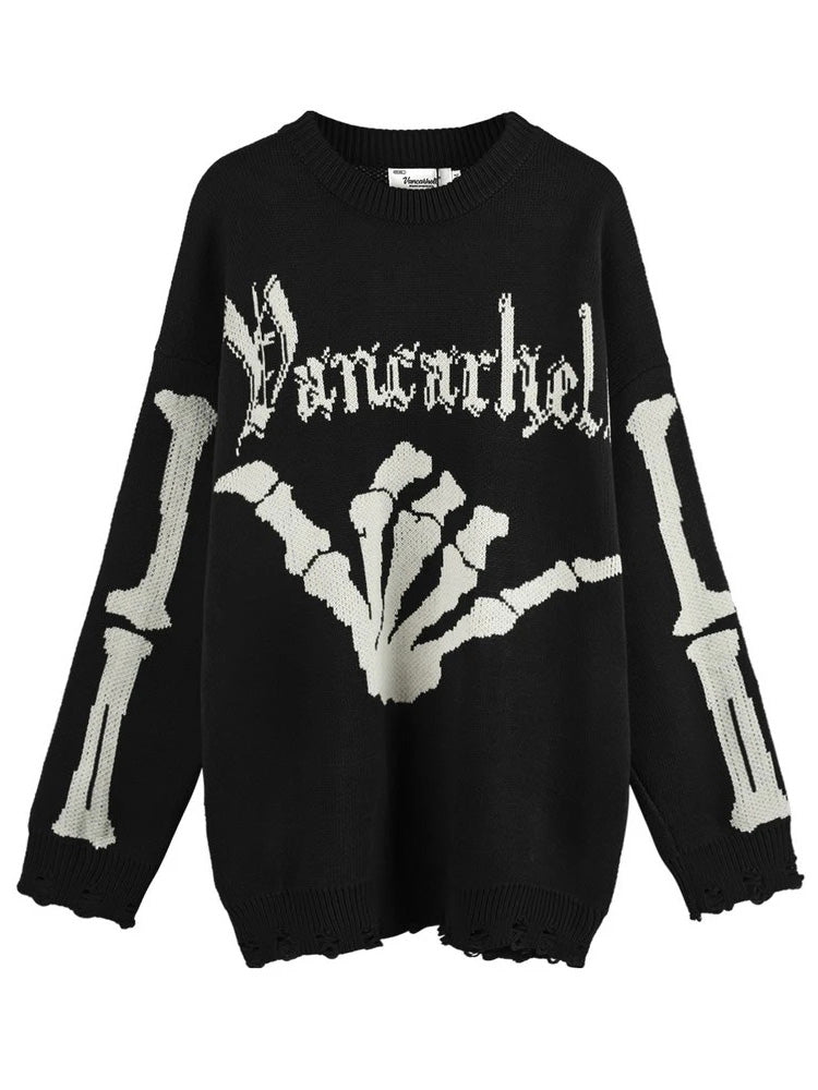 Gothic Black Plaid Knitted Skull Aesthetics Sweater