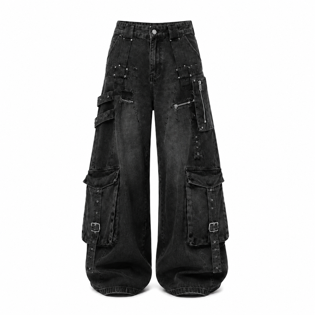American Style Multi-Pocket Distressed Wide-Leg Denim Jeans for Men
