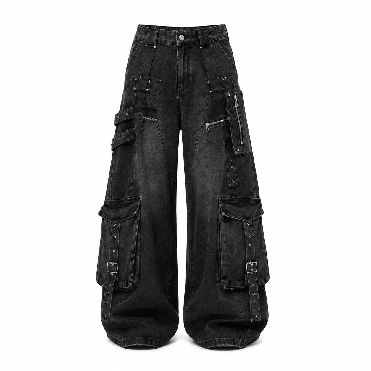American Style Multi-Pocket Distressed Wide-Leg Denim Jeans for Men