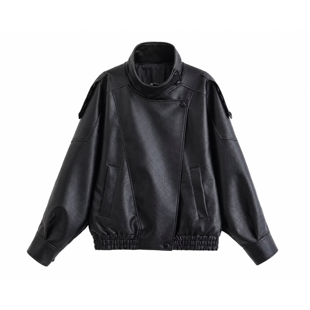 Chic Black Faux Leather Jacket – Oversized Button-Up Women’s Coat