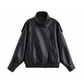 Chic Black Faux Leather Jacket – Oversized Button-Up Women’s Coat