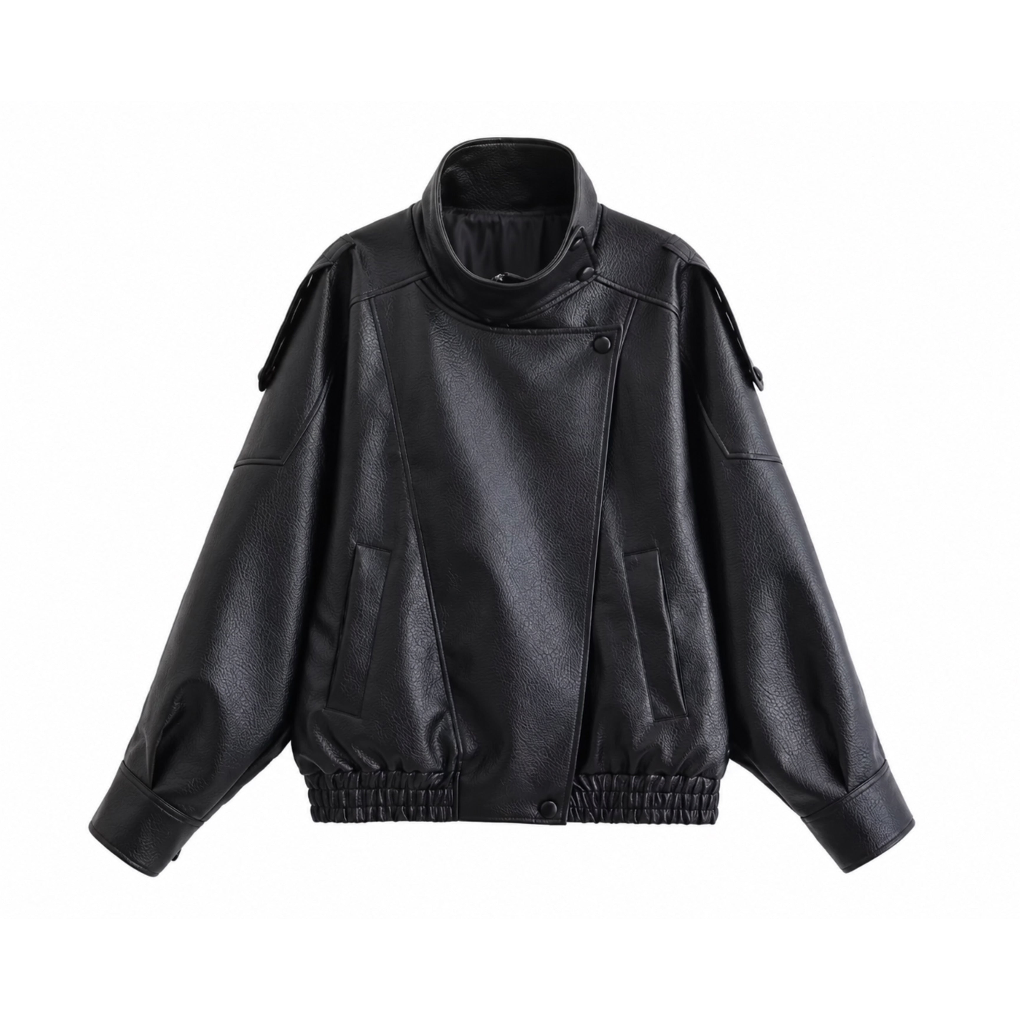 Chic Black Faux Leather Jacket – Oversized Button-Up Women’s Coat