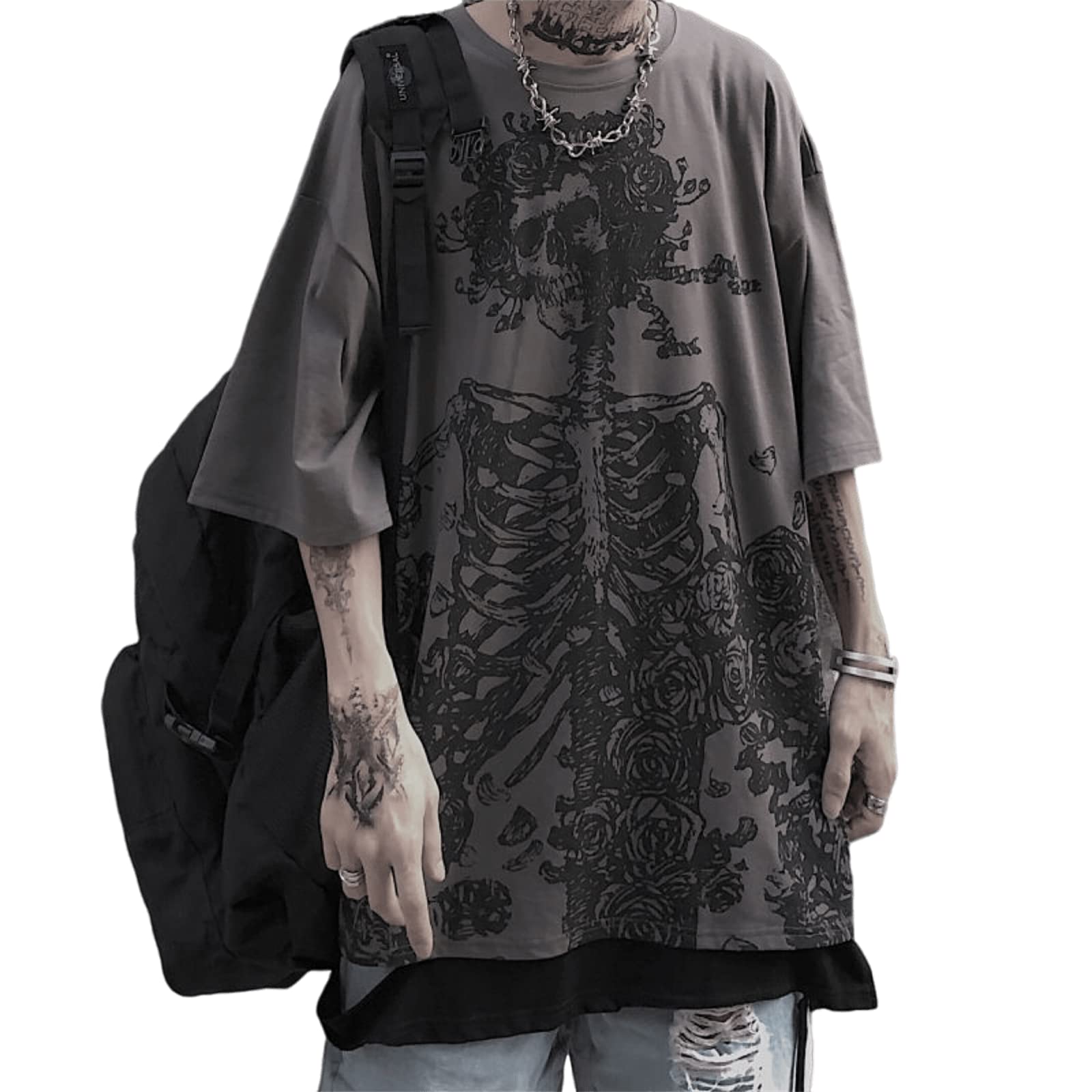 Women Y2K Alt Emo Goth Skeleton Rose Dark Academia Cool Tops Grunge Men Punk Harajuku Unisex Korean T Shirt Blouse (GreySSmall)