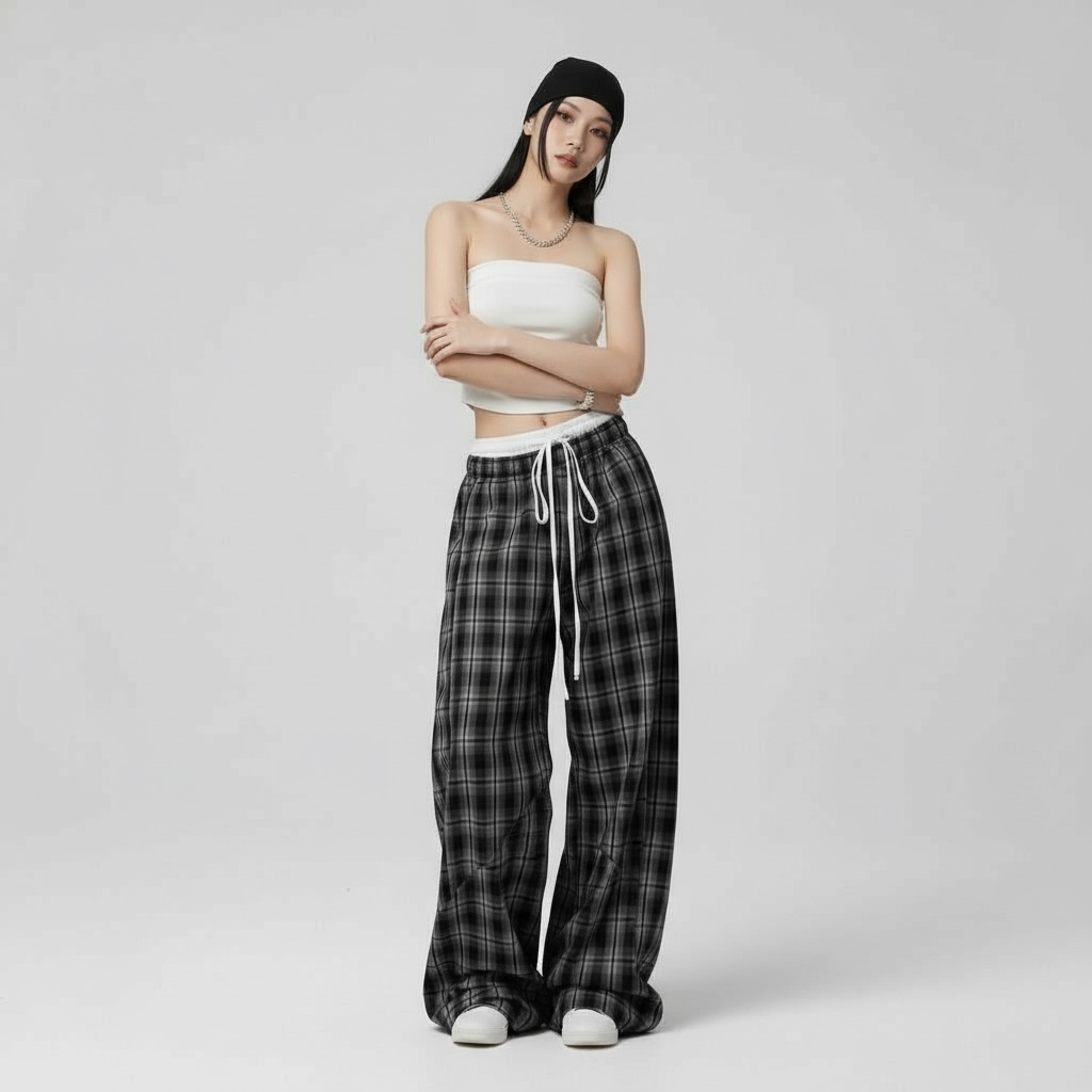 Loose Wide-Leg Plaid Pants