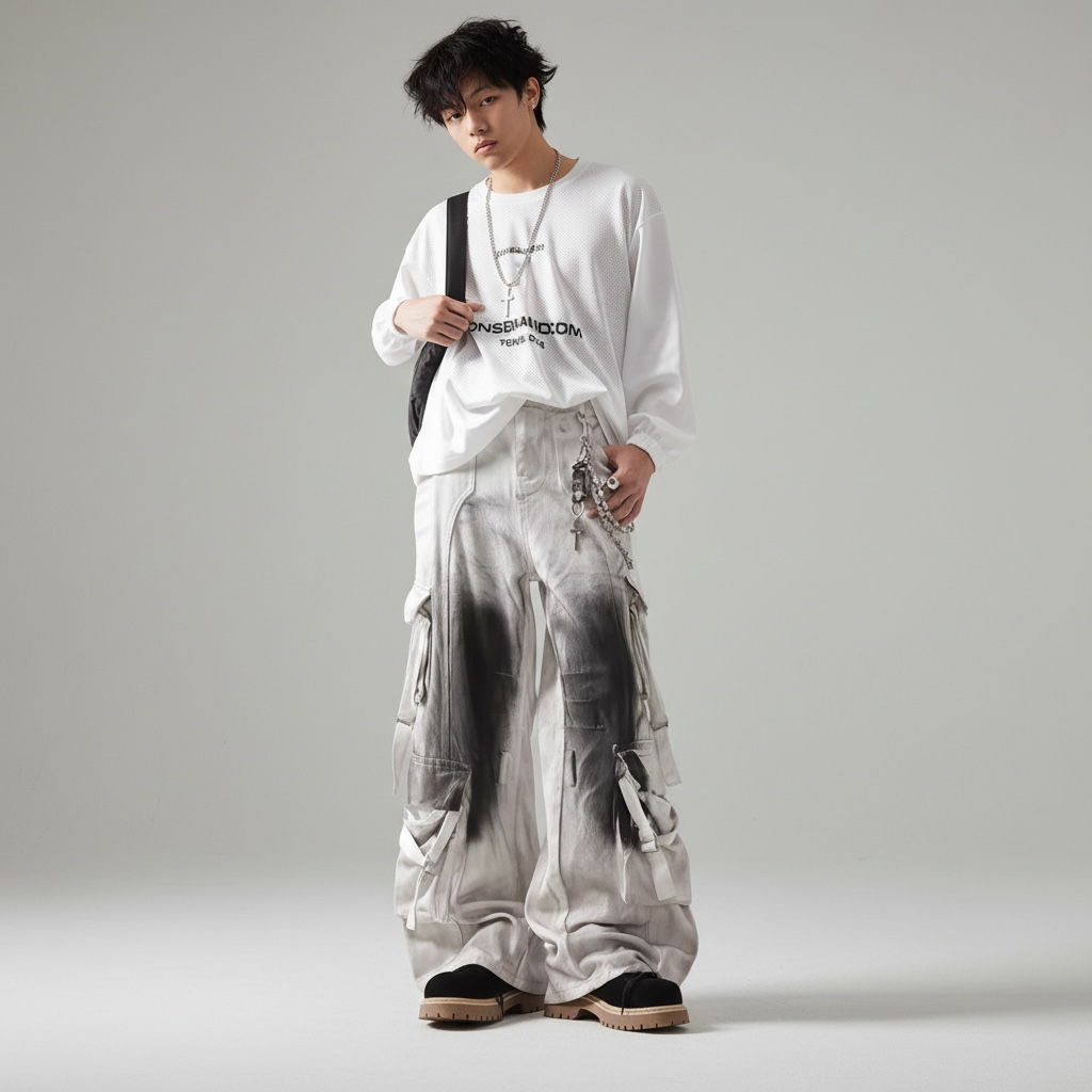 Men’s Contrast Baggy Multi-Pocket Jeans