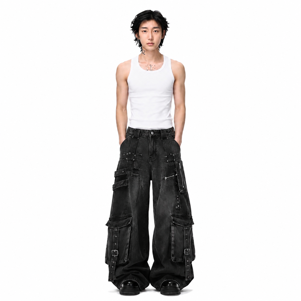American Style Multi-Pocket Distressed Wide-Leg Denim Jeans for Men
