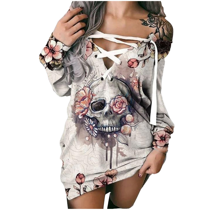 Gothic Skull Print Tie Front Long Sleeve Sweatshirt