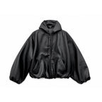 Y2K Black PU Leather Hoodie Jacket – Oversized Luxury Fit