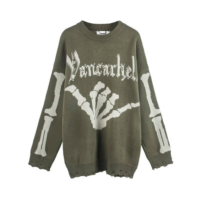 Gothic Black Plaid Knitted Skull Aesthetics Sweater