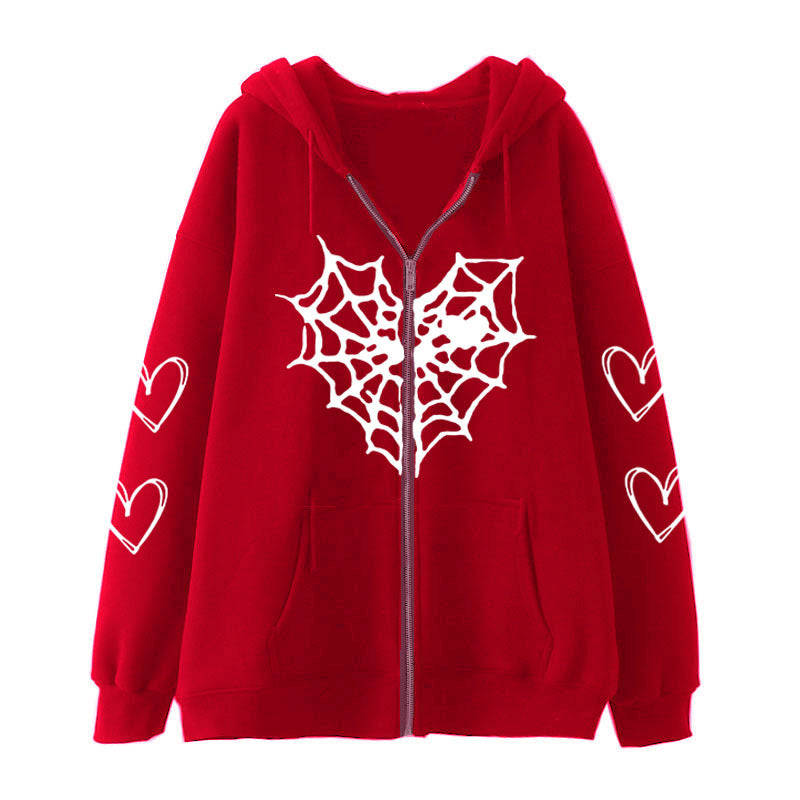 Gothic Heart-shaped Spider Web Women's Zipper Hoodie