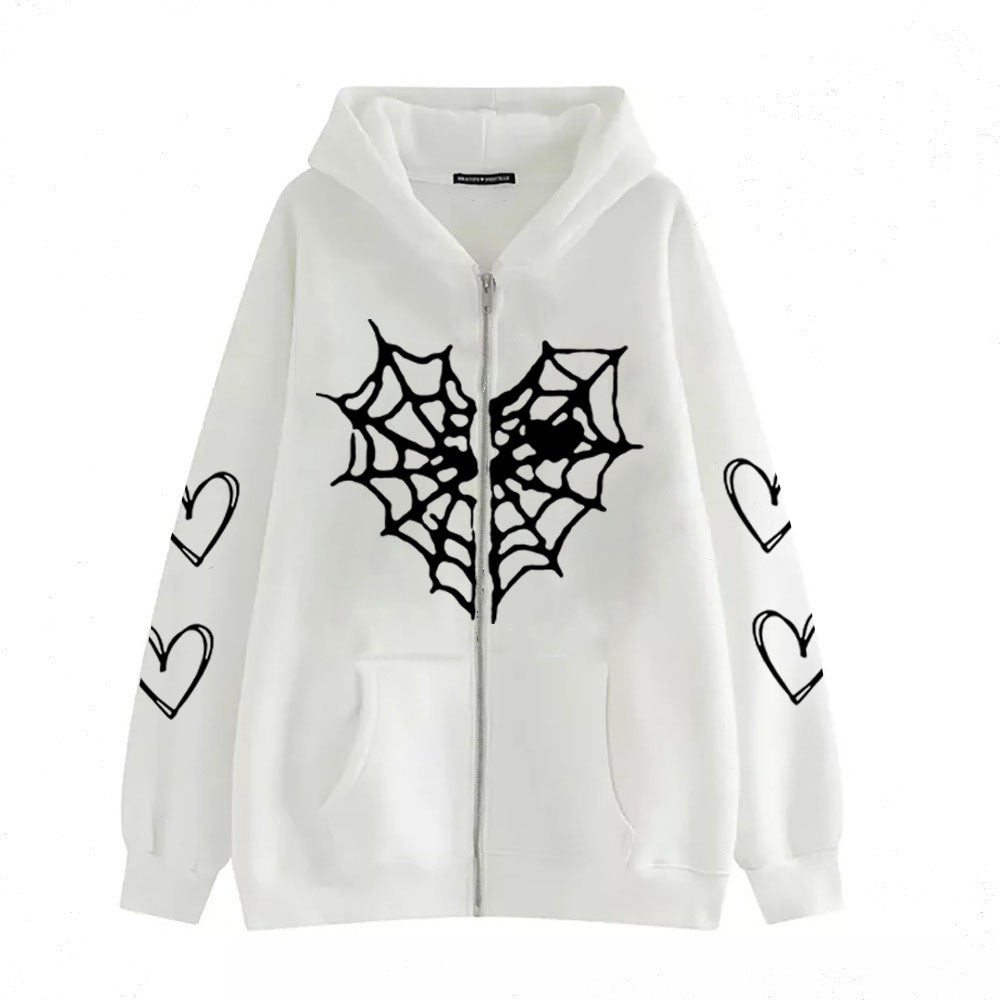 Gothic Heart-shaped Spider Web Women's Zipper Hoodie
