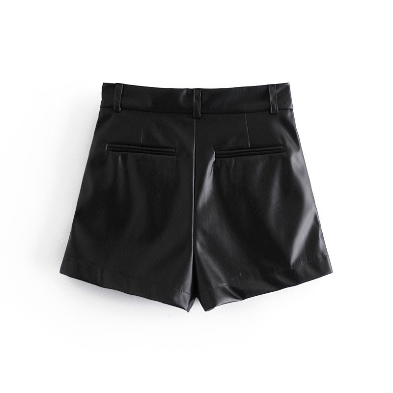 2021 Autumn New Black Y2K High-Waist Faux Leather Shorts
