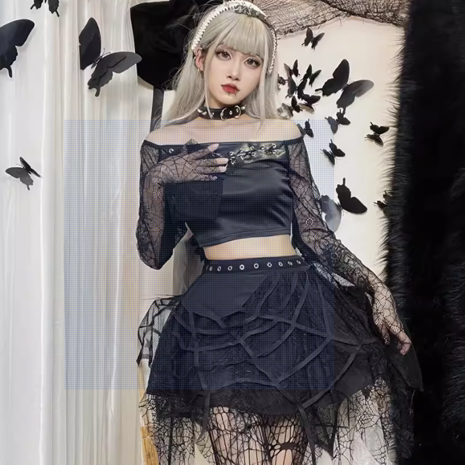 Gothic Two-Piece Lace See-Through Skull Vest