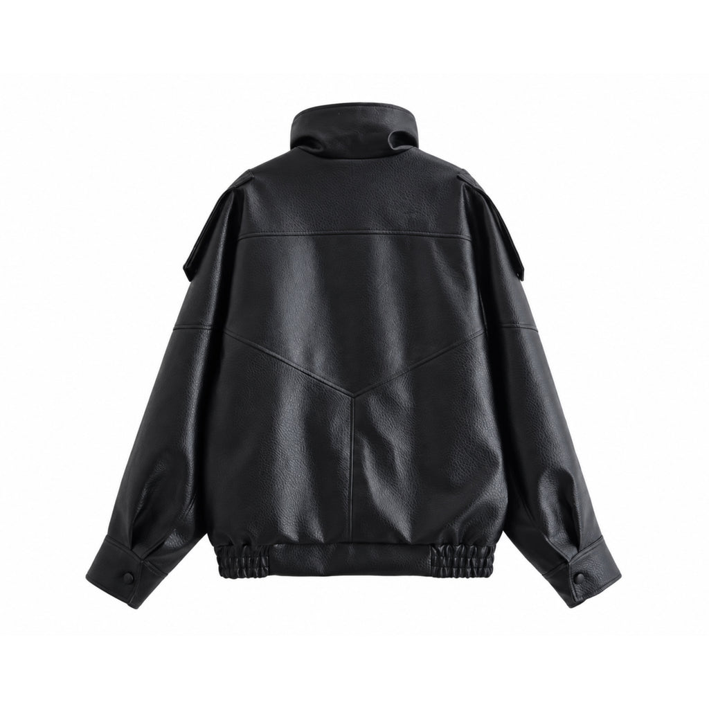 Chic Black Faux Leather Jacket – Oversized Button-Up Women’s Coat