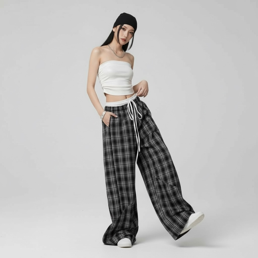 Loose Wide-Leg Plaid Pants