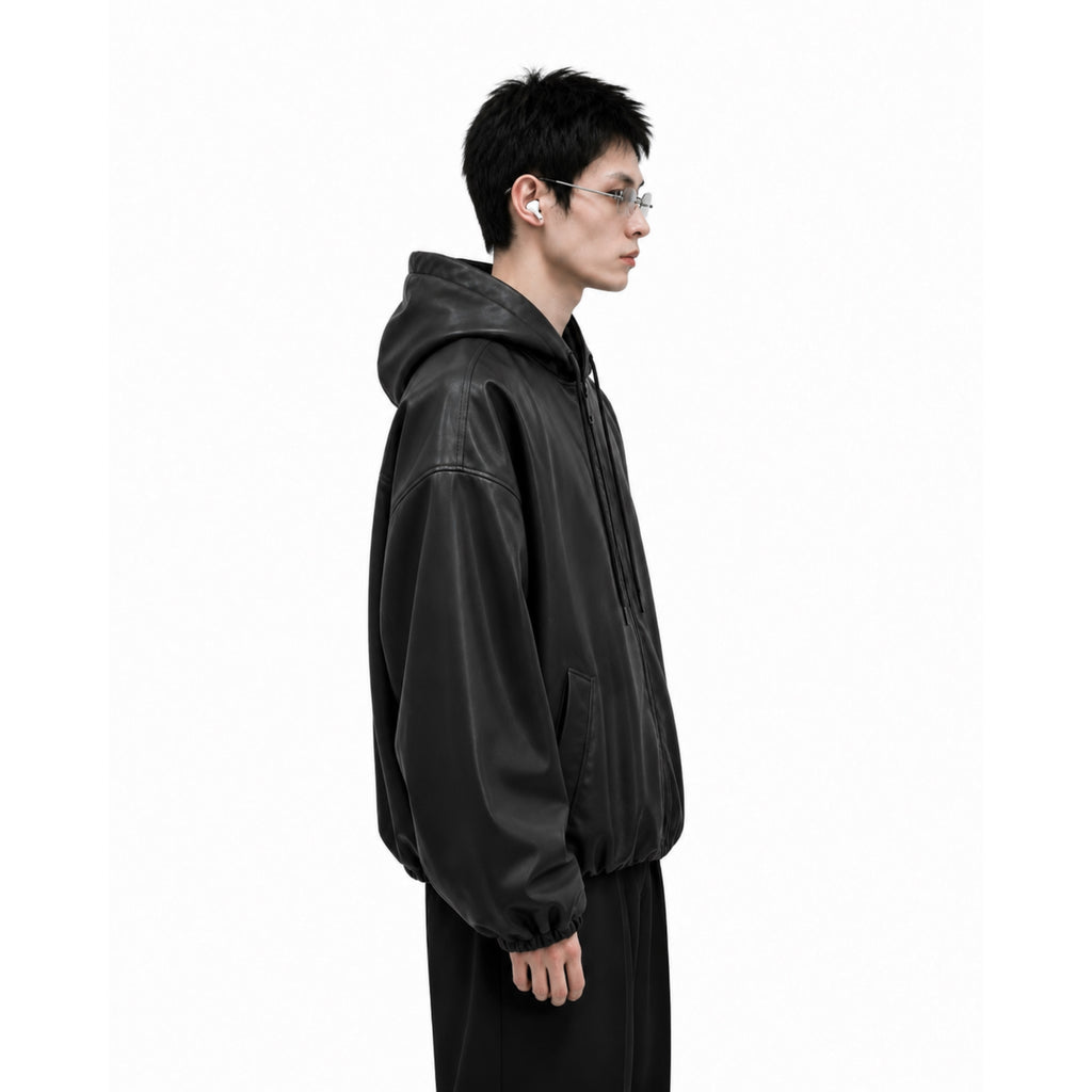 Y2K Black PU Leather Hoodie Jacket – Oversized Luxury Fit