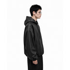 Y2K Black PU Leather Hoodie Jacket – Oversized Luxury Fit