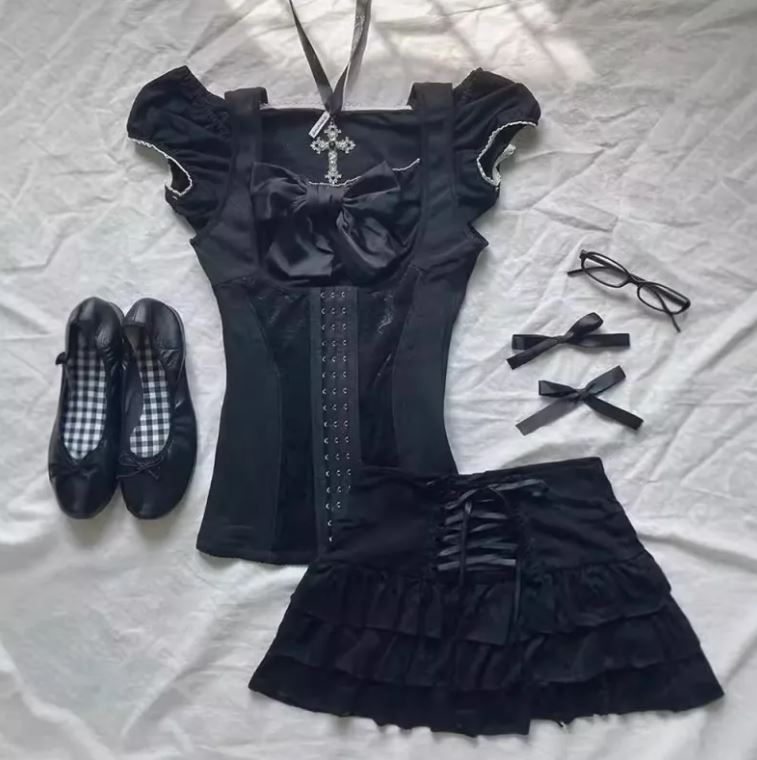 Cute Fashion Bow Waist Trimming Fashion Gothic Vintage Skirt
