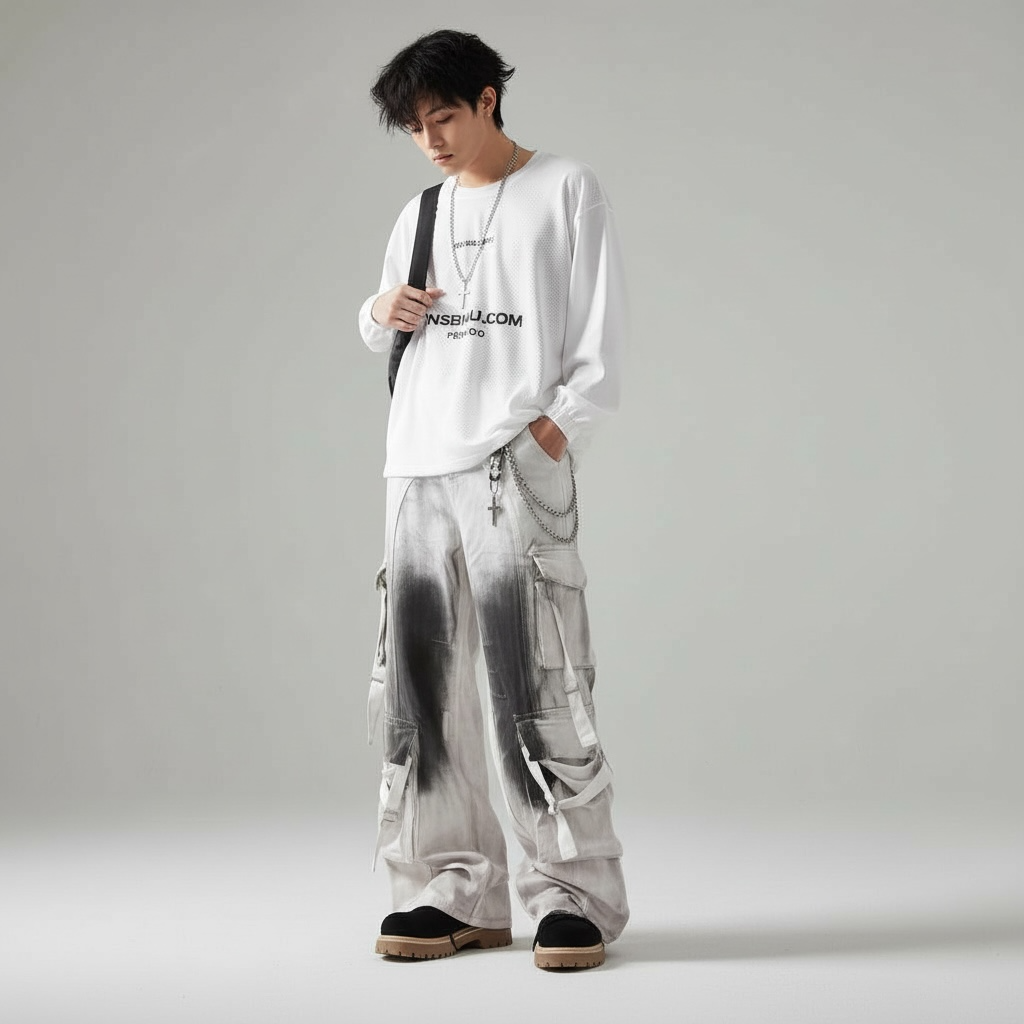 Men’s Contrast Baggy Multi-Pocket Jeans