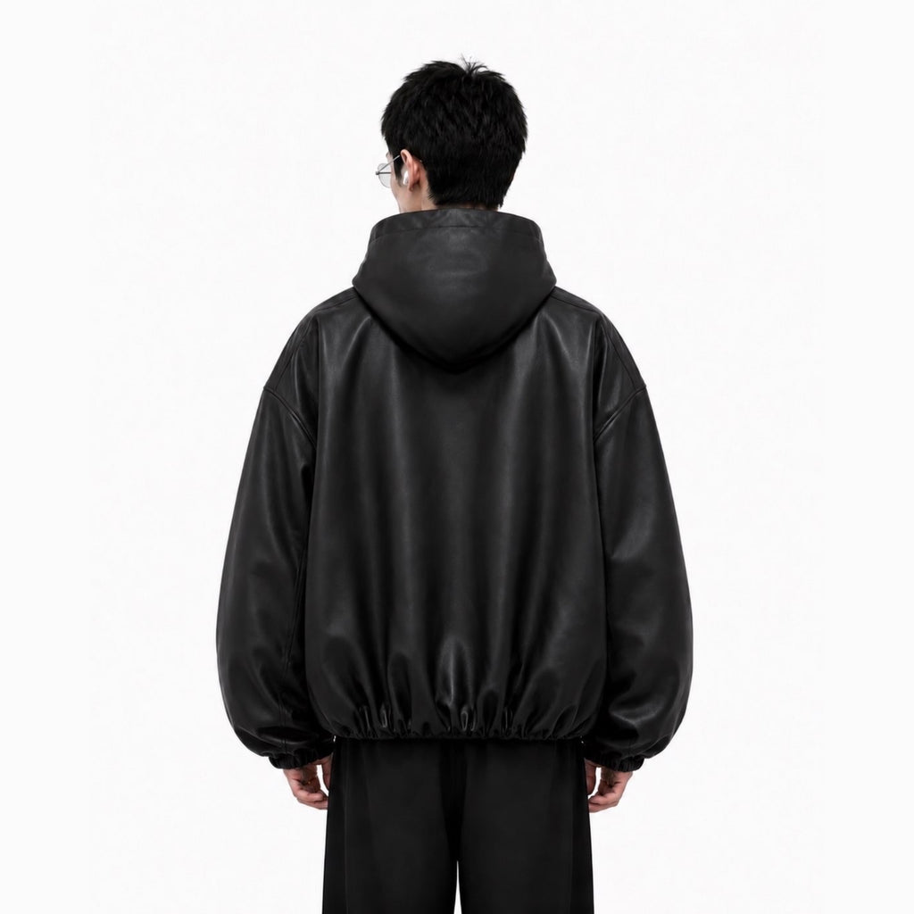 Y2K Black PU Leather Hoodie Jacket – Oversized Luxury Fit