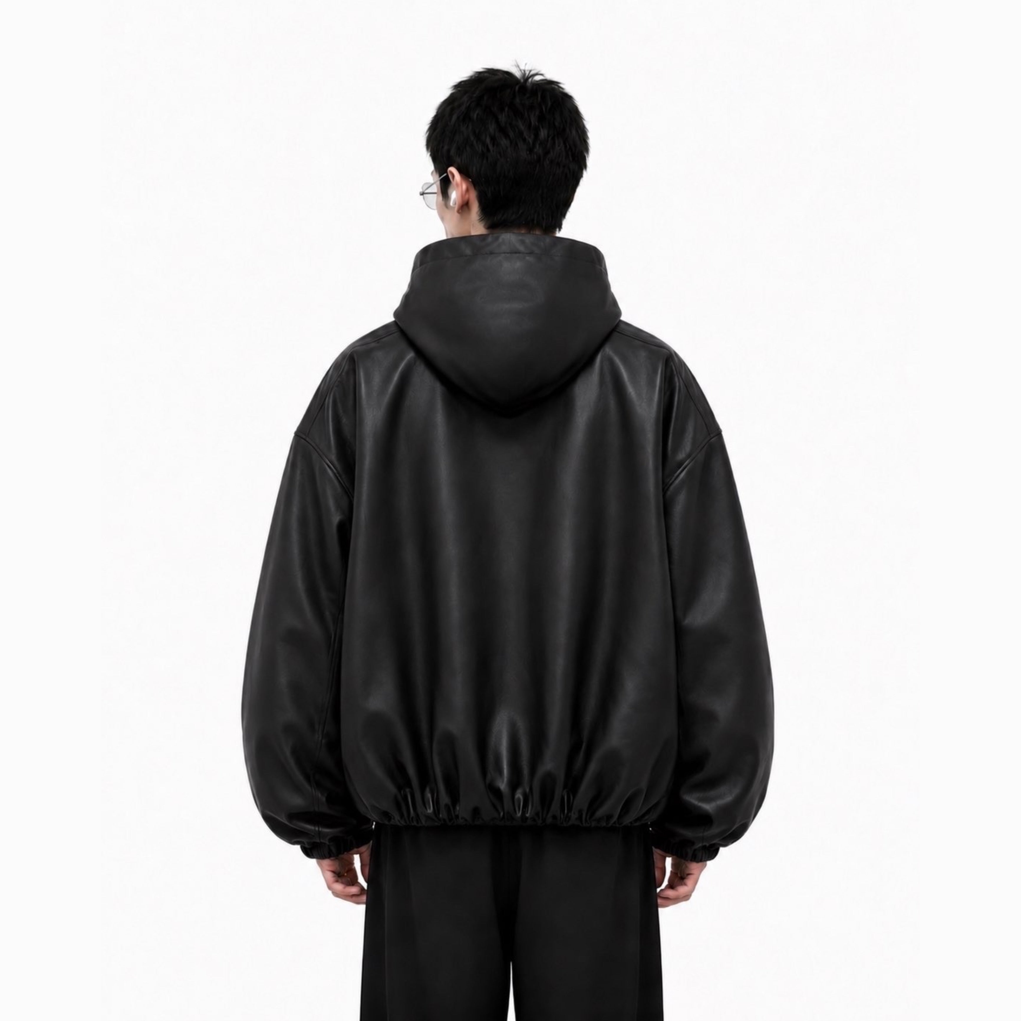Y2K Black PU Leather Hoodie Jacket – Oversized Luxury Fit