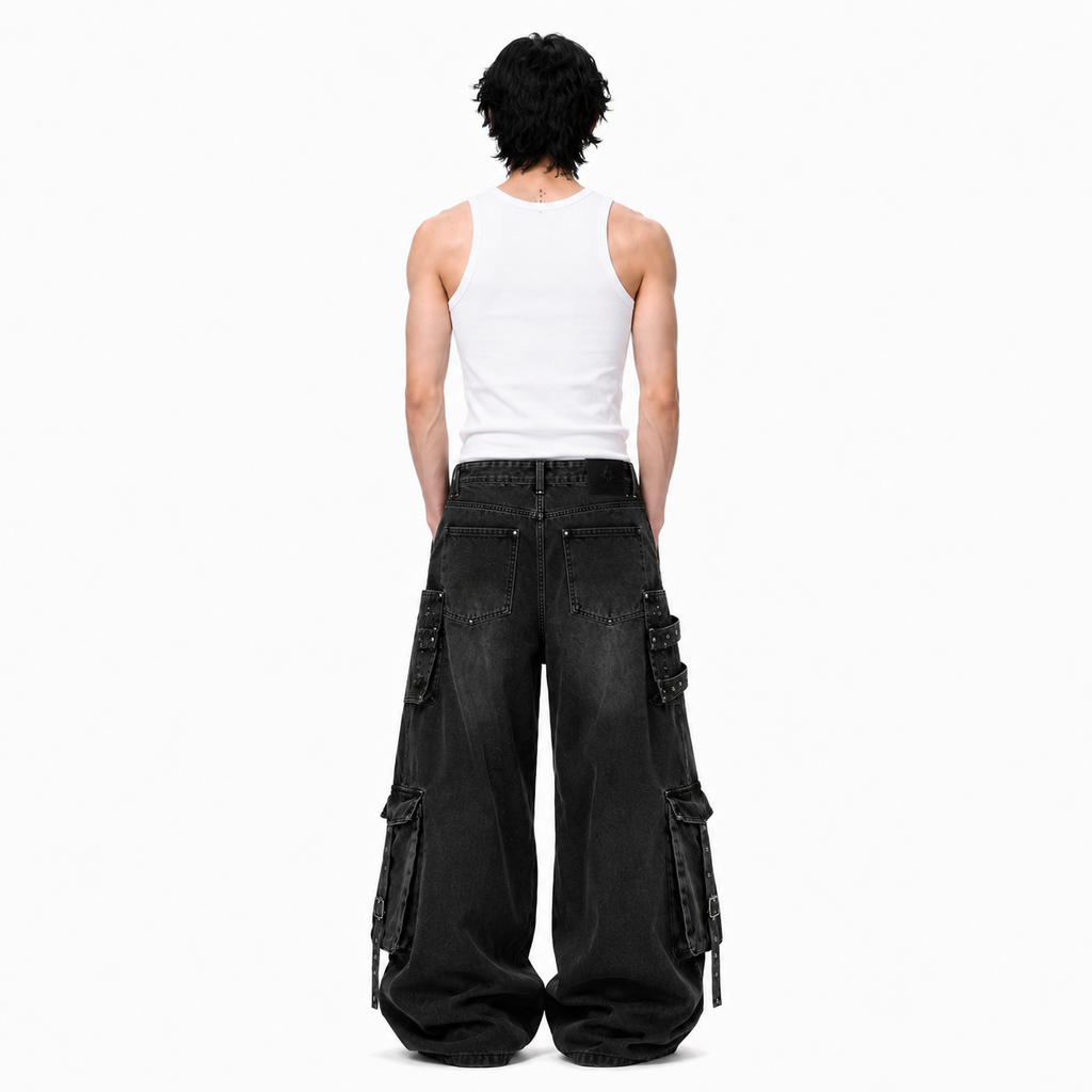 American Style Multi-Pocket Distressed Wide-Leg Denim Jeans for Men
