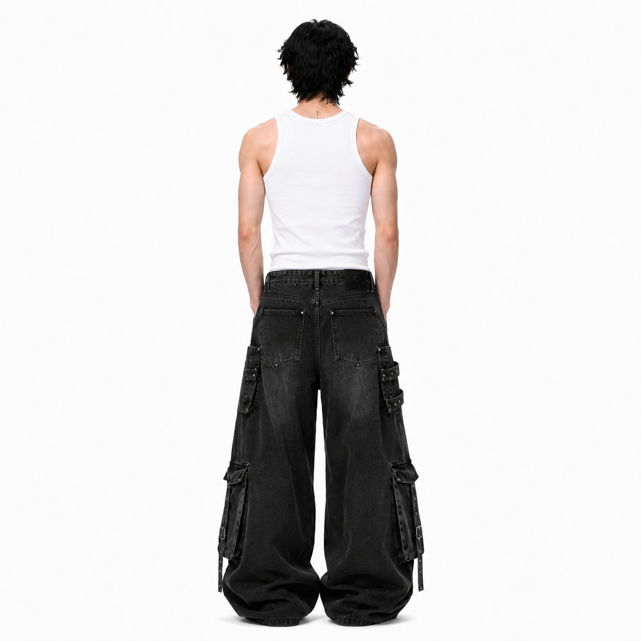 American Style Multi-Pocket Distressed Wide-Leg Denim Jeans for Men