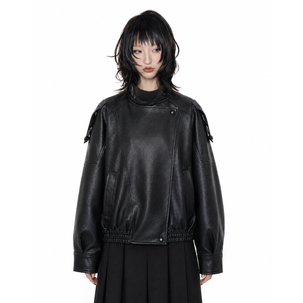 Chic Black Faux Leather Jacket – Oversized Button-Up Women’s Coat
