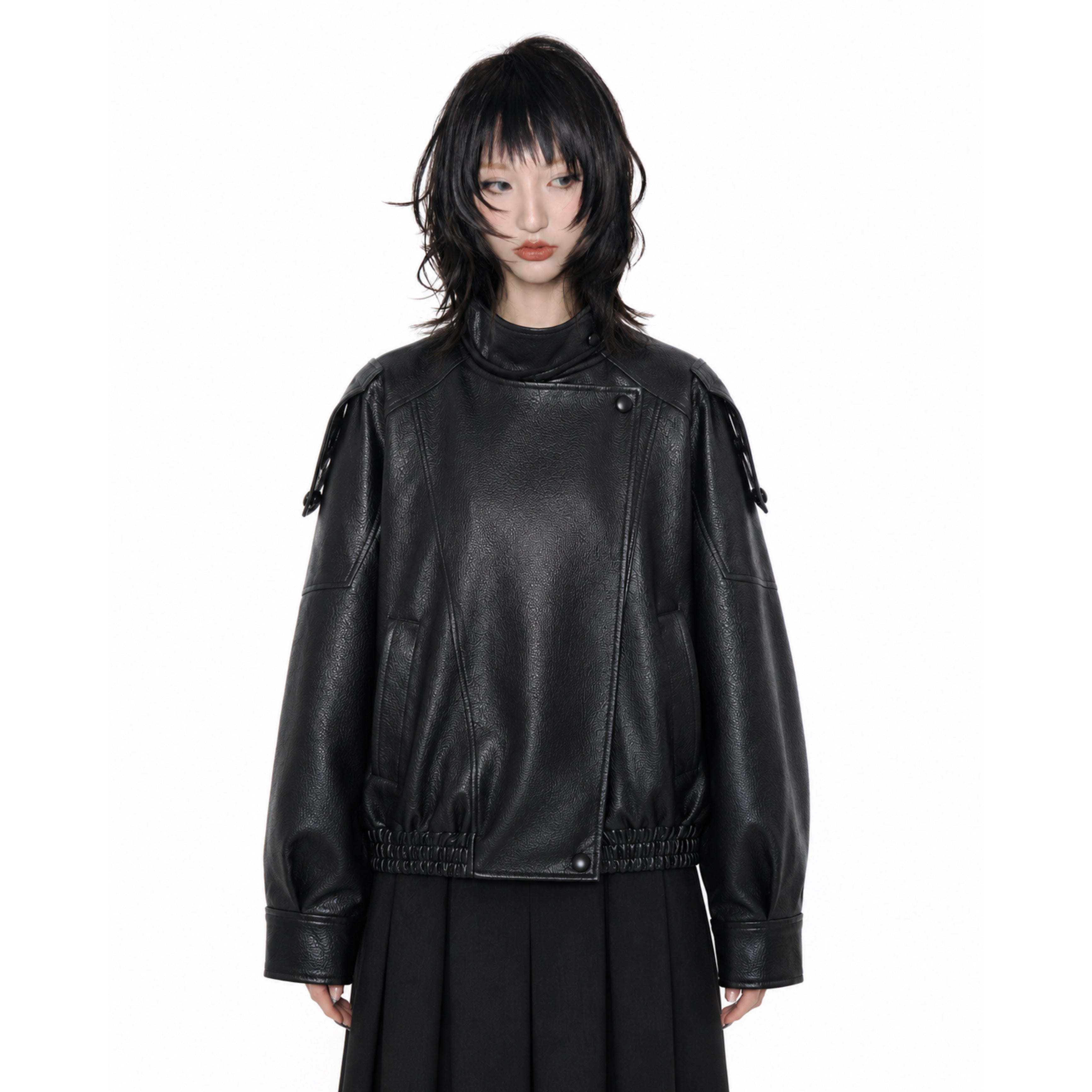 Chic Black Faux Leather Jacket – Oversized Button-Up Women’s Coat