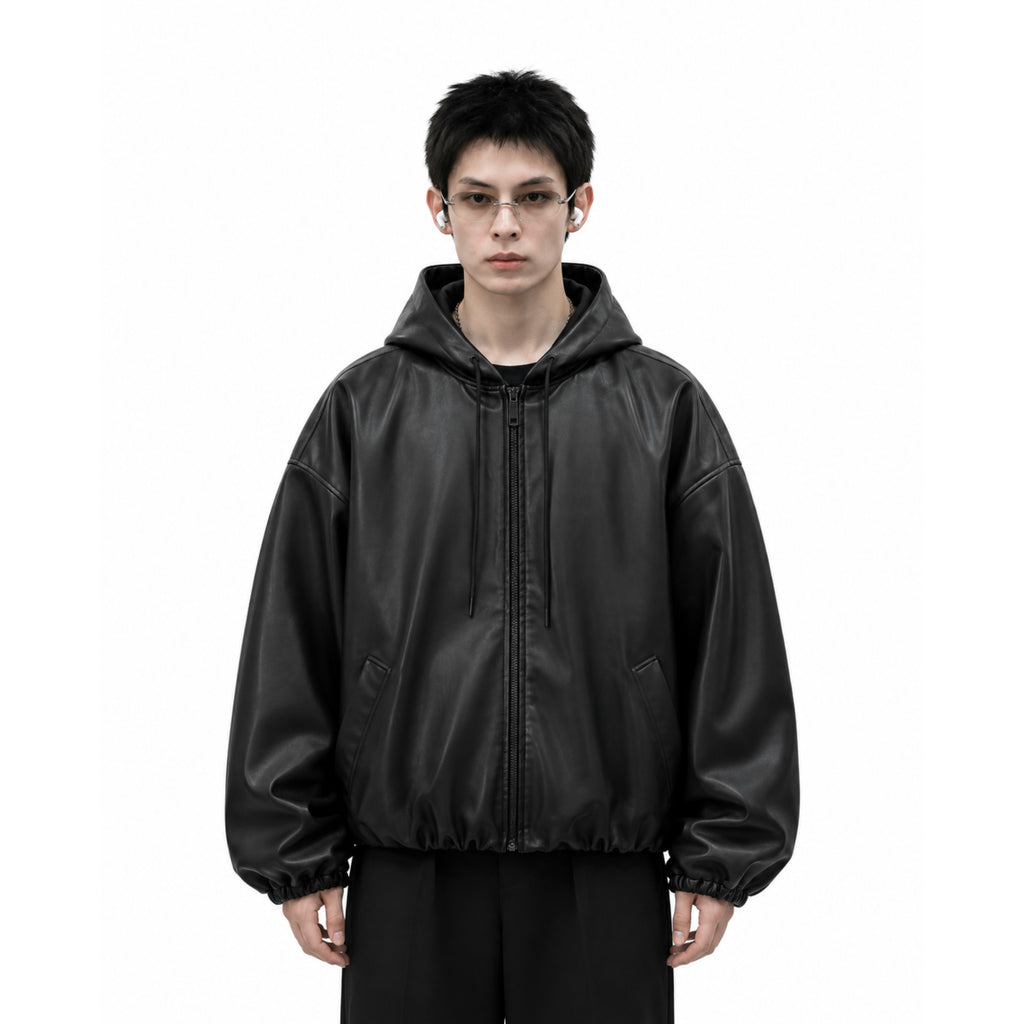 Y2K Black PU Leather Hoodie Jacket – Oversized Luxury Fit