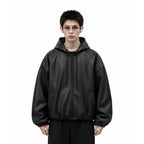 Y2K Black PU Leather Hoodie Jacket – Oversized Luxury Fit