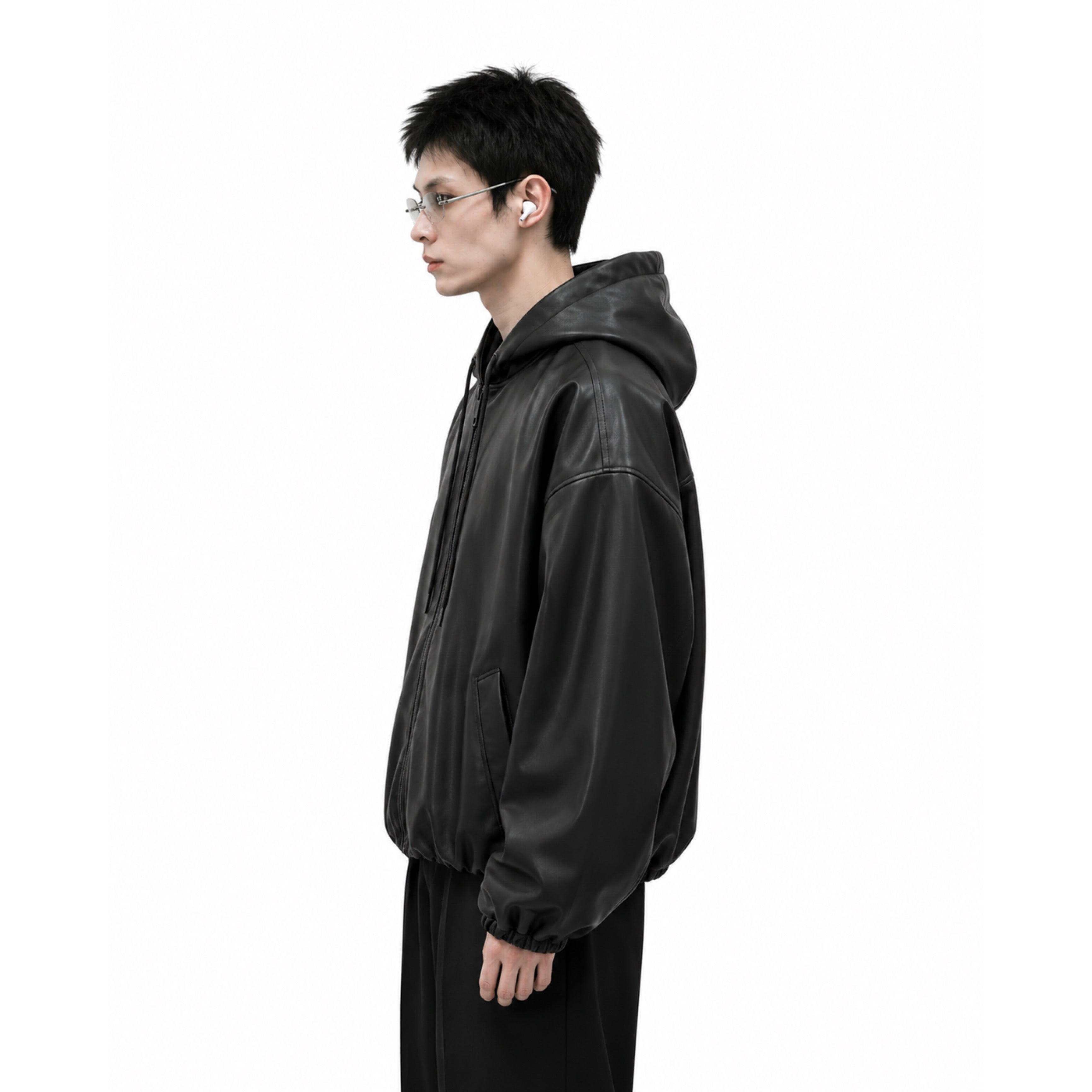 Y2K Black PU Leather Hoodie Jacket – Oversized Luxury Fit