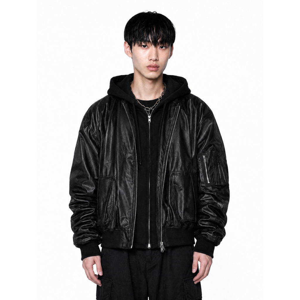 Oversized Black PU Leather Hoodie Jacket – Luxury Streetwear