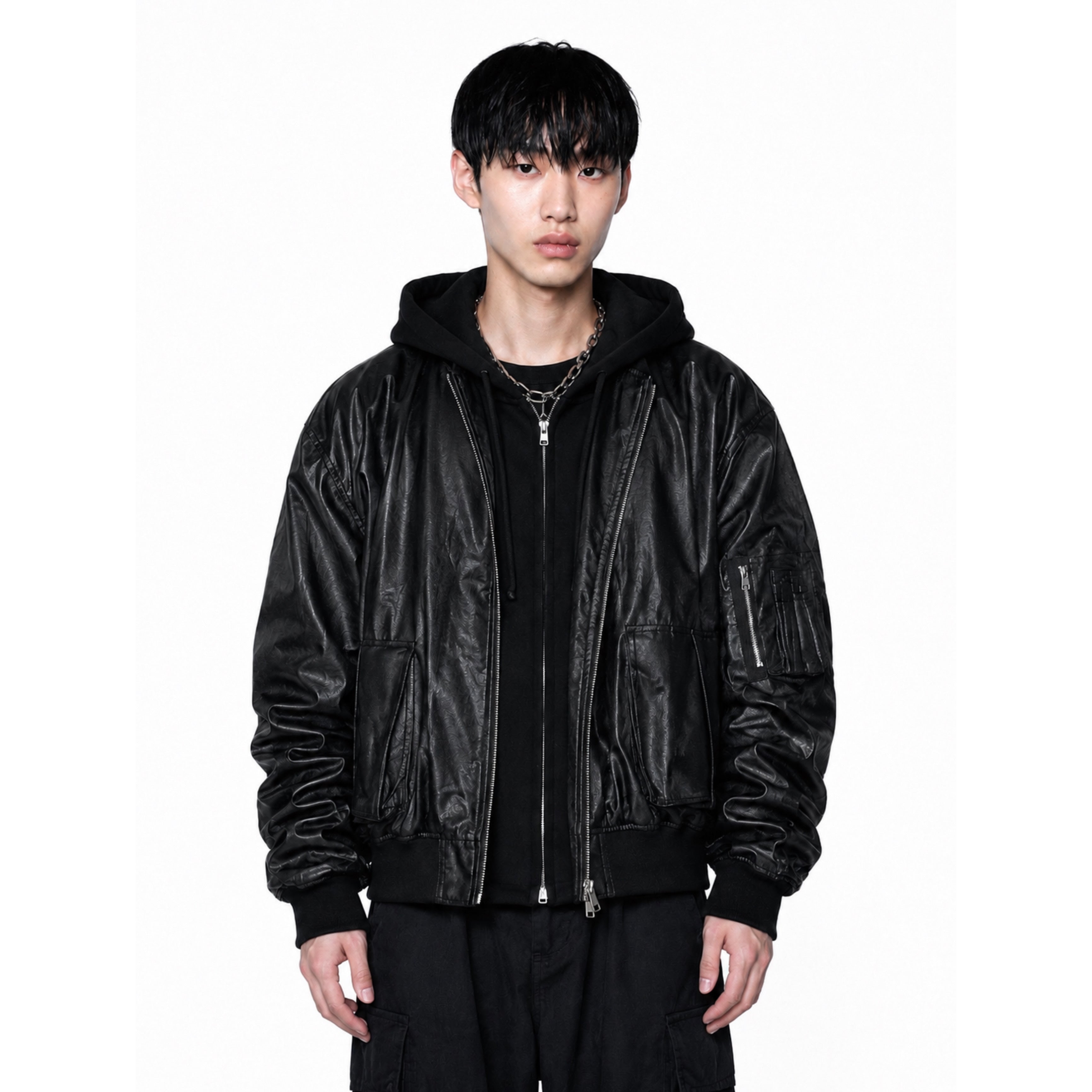 Oversized Black PU Leather Hoodie Jacket – Luxury Streetwear