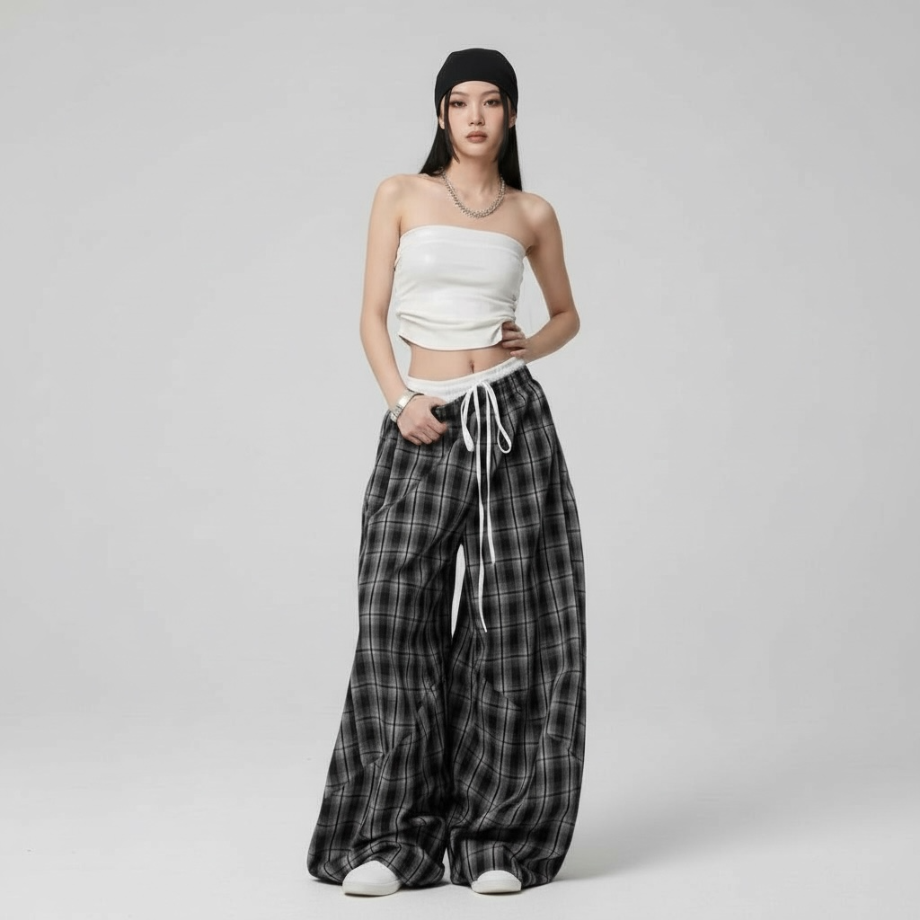 Loose Wide-Leg Plaid Pants