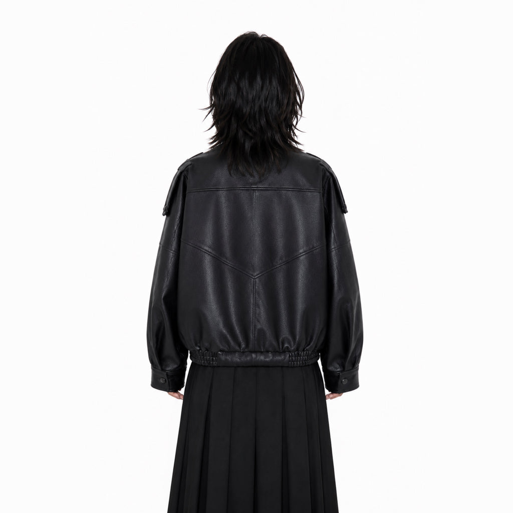 Chic Black Faux Leather Jacket – Oversized Button-Up Women’s Coat