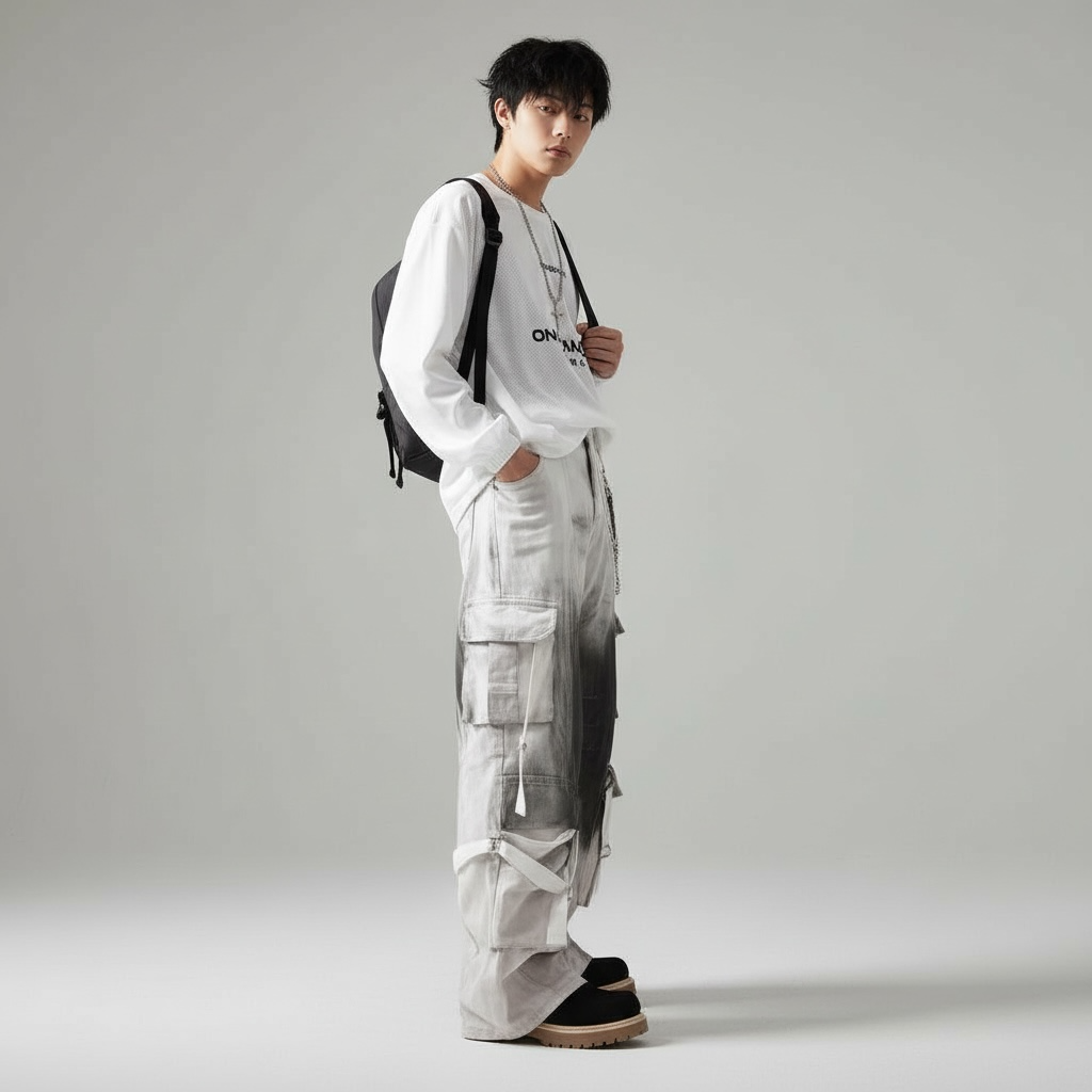 Men’s Contrast Baggy Multi-Pocket Jeans