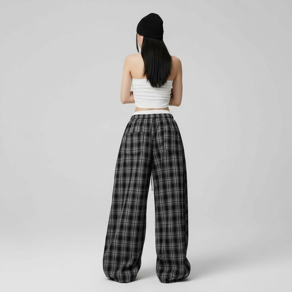 Loose Wide-Leg Plaid Pants
