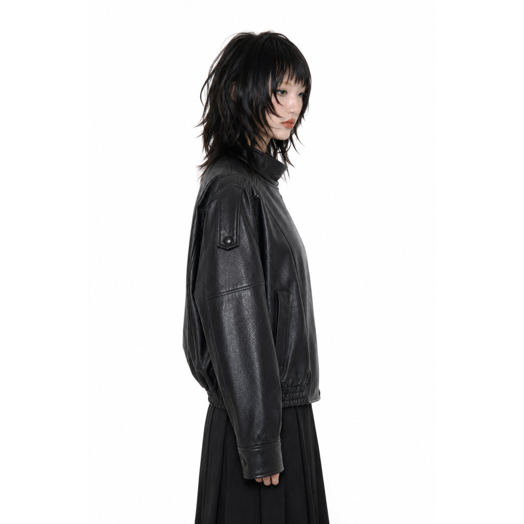 Chic Black Faux Leather Jacket – Oversized Button-Up Women’s Coat