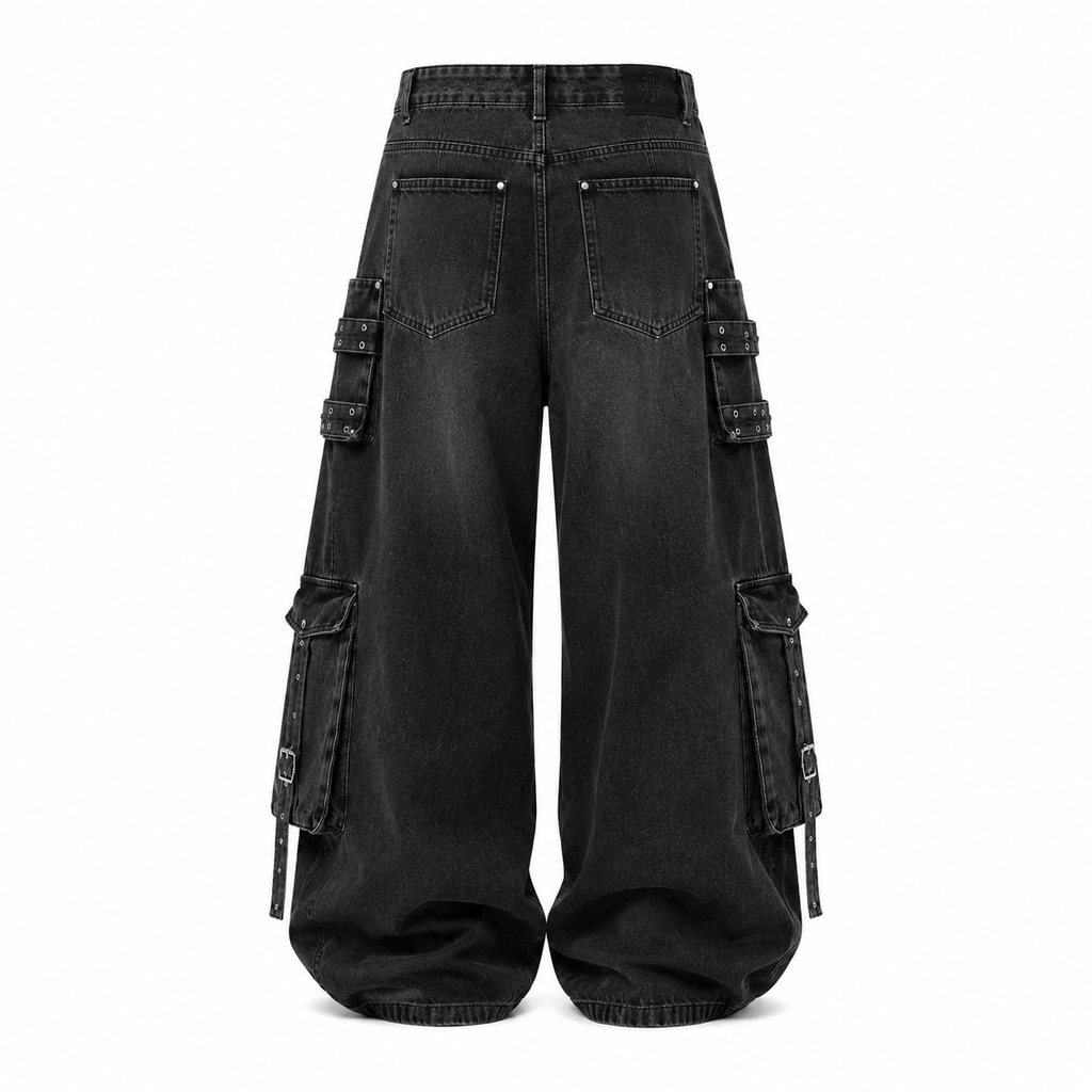 American Style Multi-Pocket Distressed Wide-Leg Denim Jeans for Men